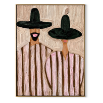 Black Brims Frame Blush - black hat striped pair painting by Elliot Vale, modern figurative vertical wall art – wood frame on white background