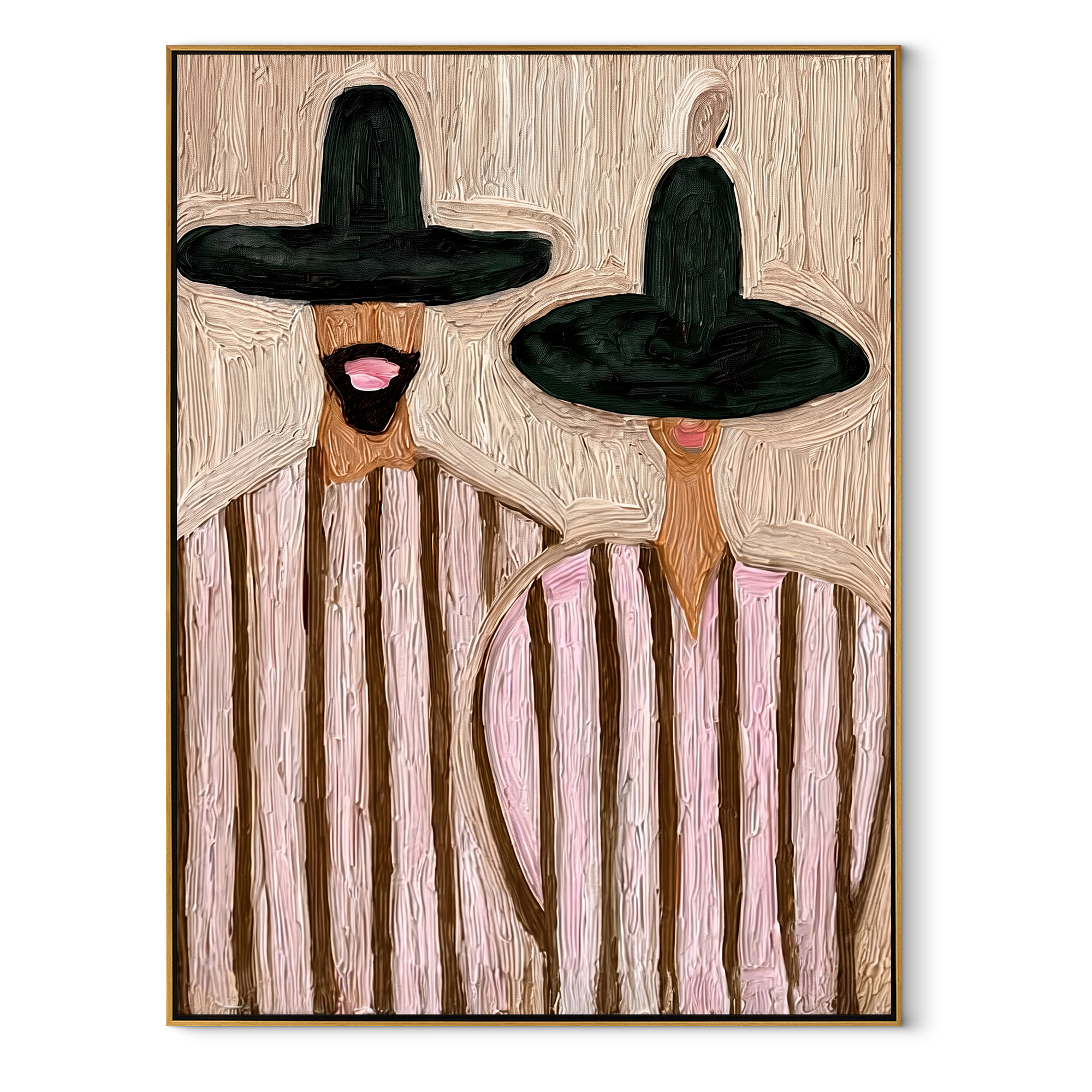 Black Brims Frame Blush - black hat striped pair painting by Elliot Vale, modern figurative vertical wall art – wood frame on white background