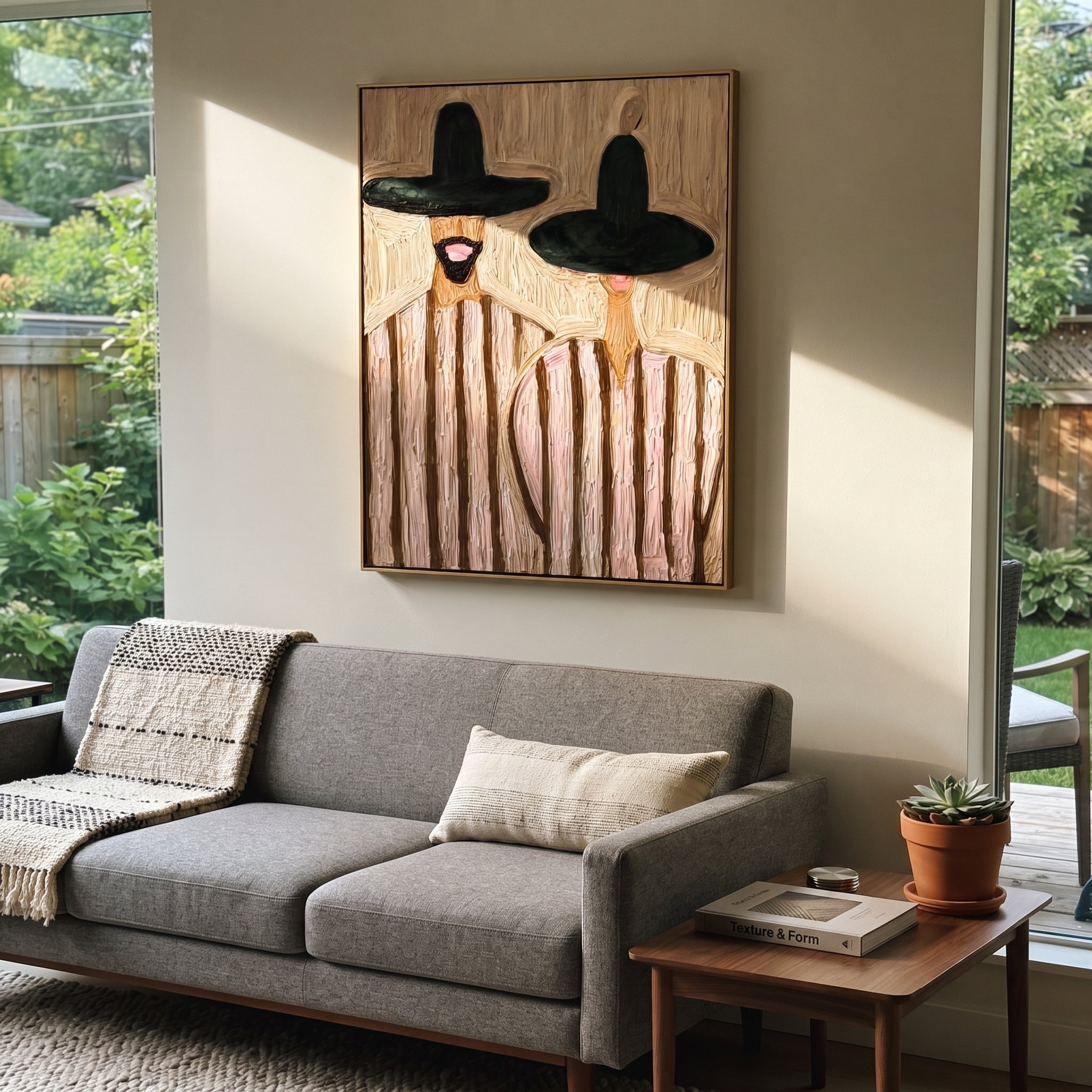 Black Brims Frame Blush - black hat striped pair painting by Elliot Vale, modern figurative vertical wall art – styled room scene view 2