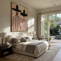 Black Brims Frame Blush - black hat striped pair painting by Elliot Vale, modern figurative vertical wall art – styled room scene view 3