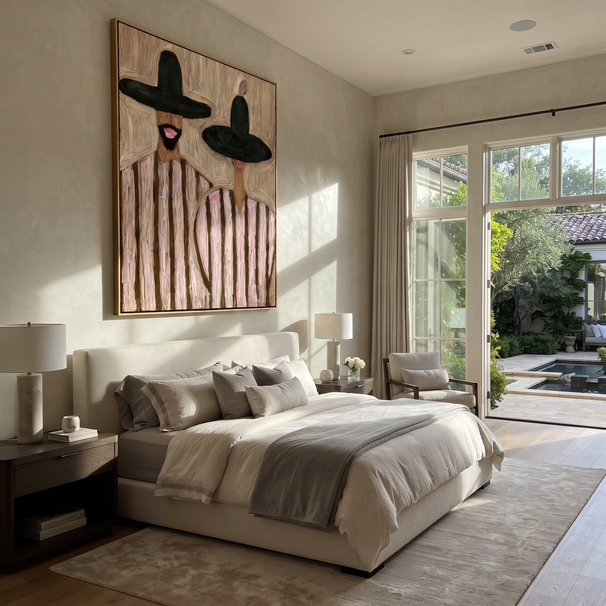 Black Brims Frame Blush - black hat striped pair painting by Elliot Vale, modern figurative vertical wall art – styled room scene view 3