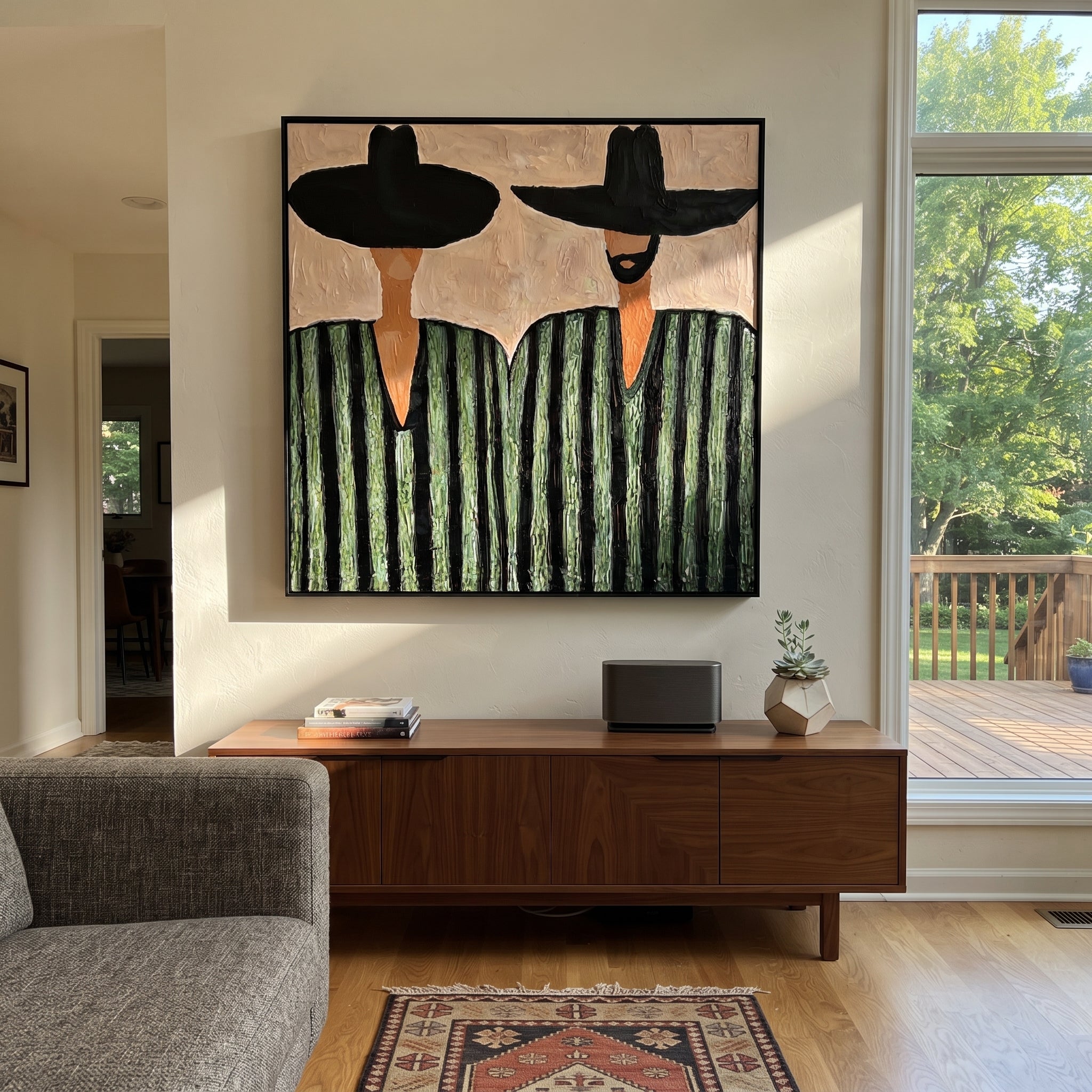 Green Stripes Hold Ground - green striped figure pair painting by Elliot Vale, modern figurative square wall art – styled room scene view 1
