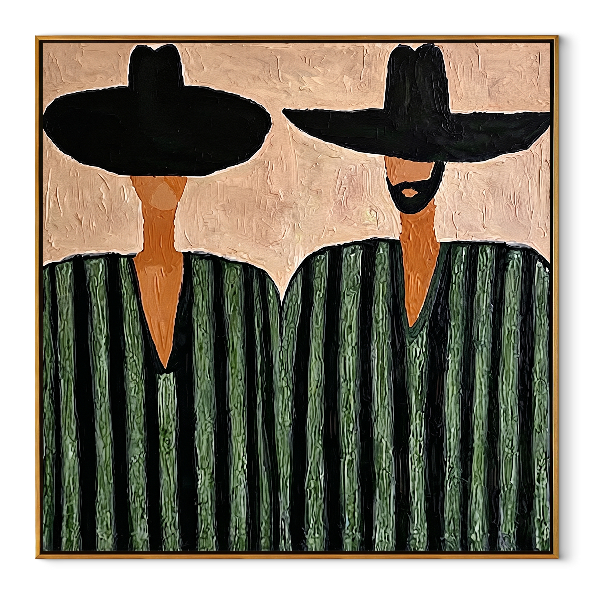 Green Stripes Hold Ground - green striped figure pair painting by Elliot Vale, modern figurative square wall art – wood frame on white background