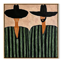 Green Stripes Hold Ground - green striped figure pair painting by Elliot Vale, modern figurative square wall art – wood frame on white background