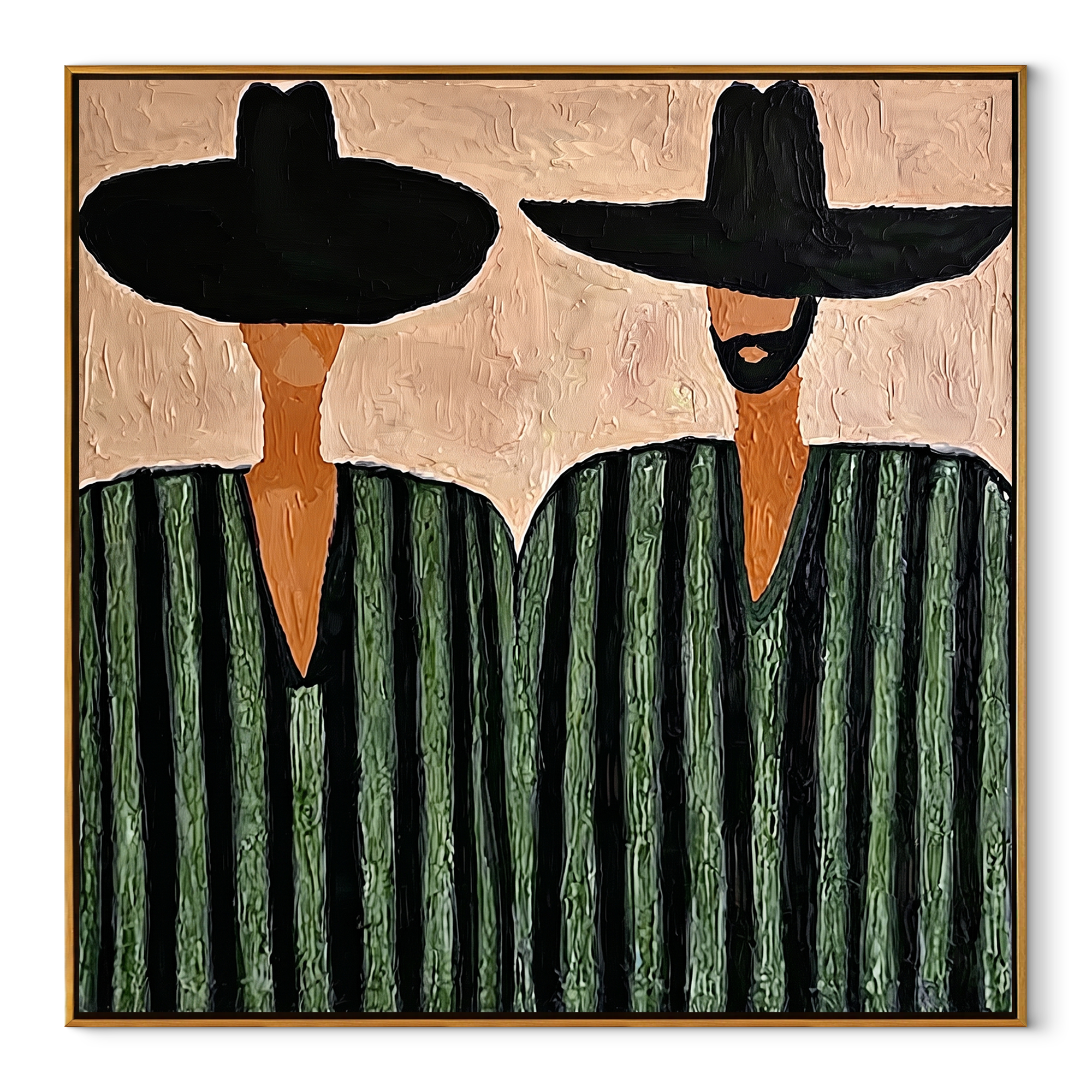 Green Stripes Hold Ground - green striped figure pair painting by Elliot Vale, modern figurative square wall art – wood frame on white background