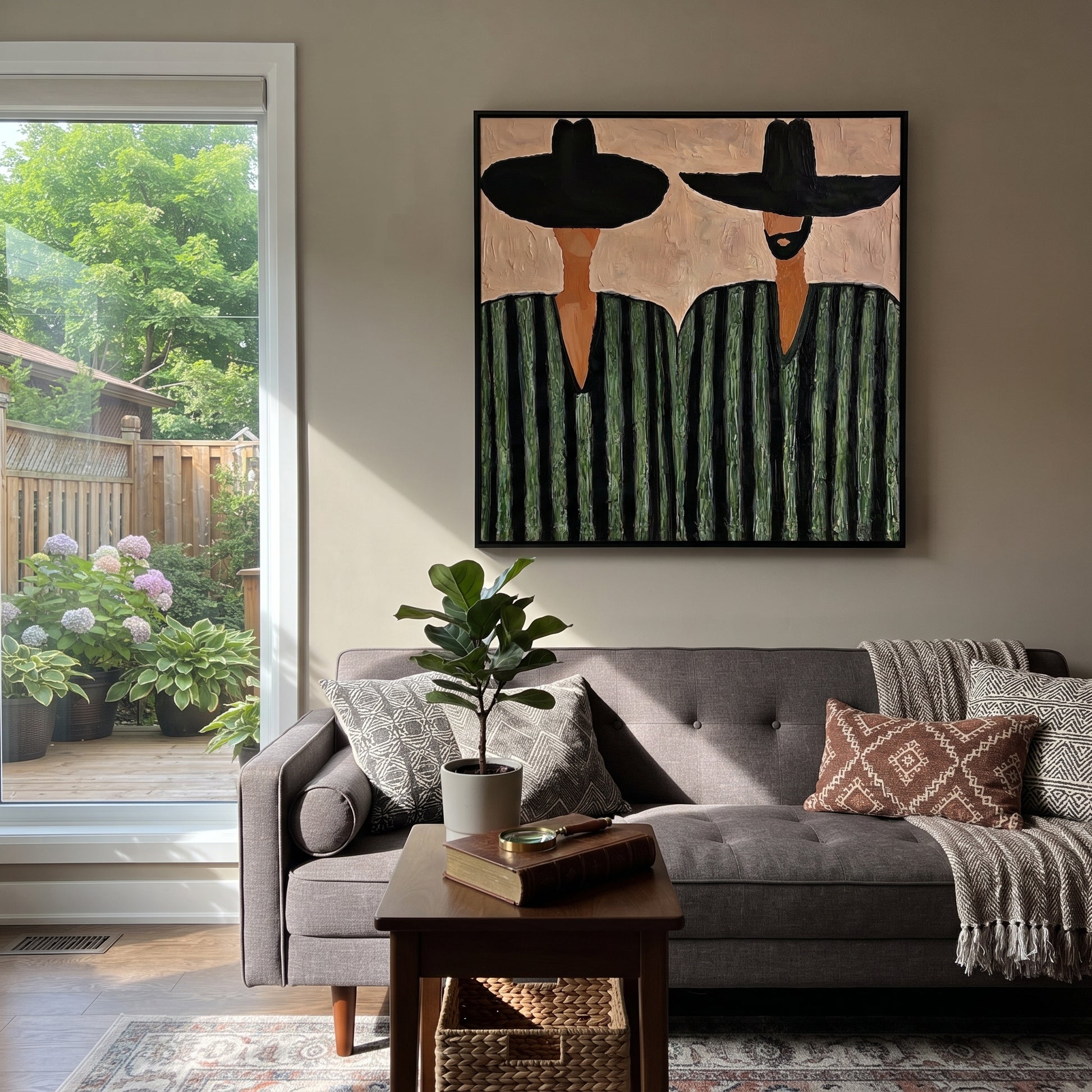 Green Stripes Hold Ground - green striped figure pair painting by Elliot Vale, modern figurative square wall art – styled room scene view 2