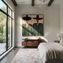 Green Stripes Hold Ground - green striped figure pair painting by Elliot Vale, modern figurative square wall art – styled room scene view 3