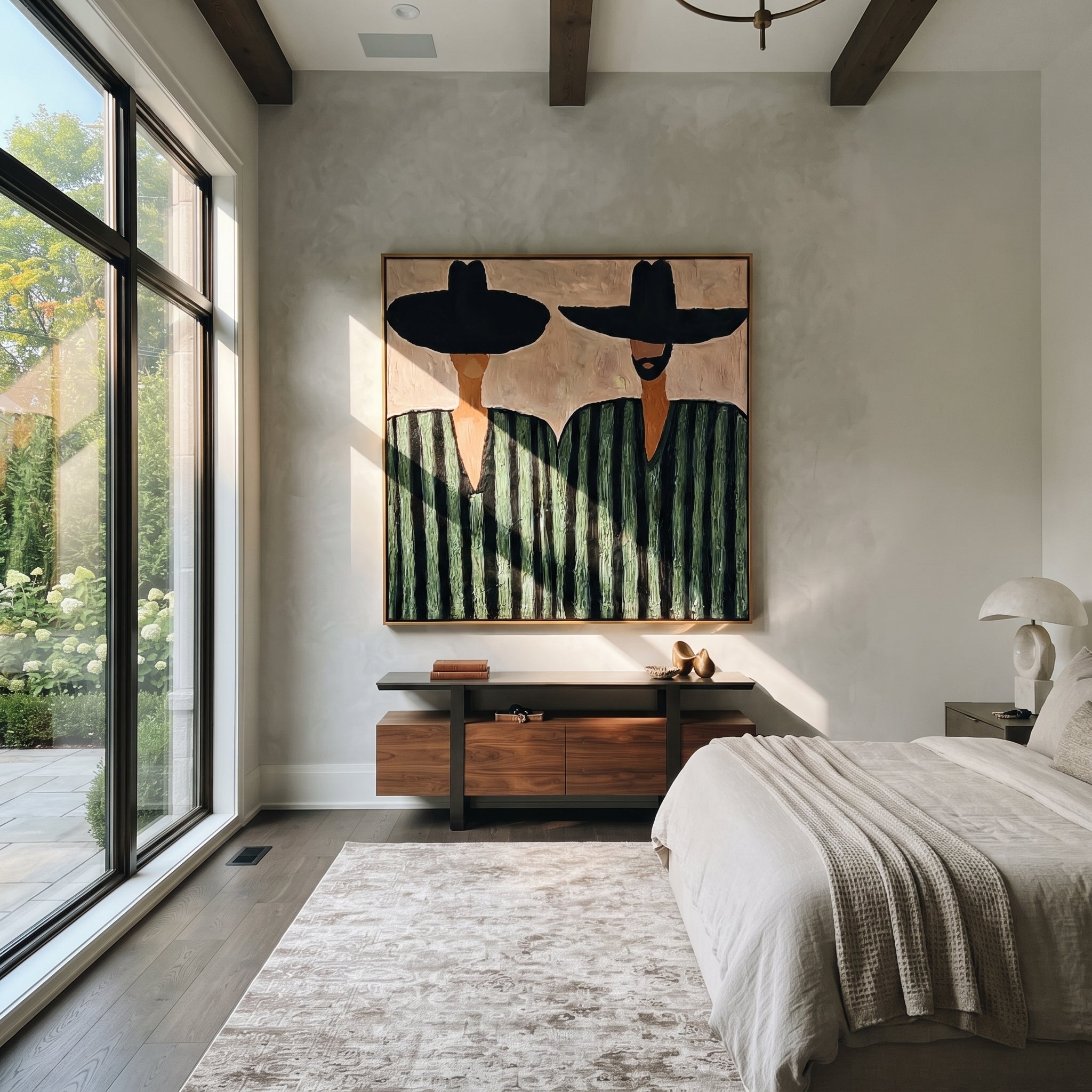 Green Stripes Hold Ground - green striped figure pair painting by Elliot Vale, modern figurative square wall art – styled room scene view 3