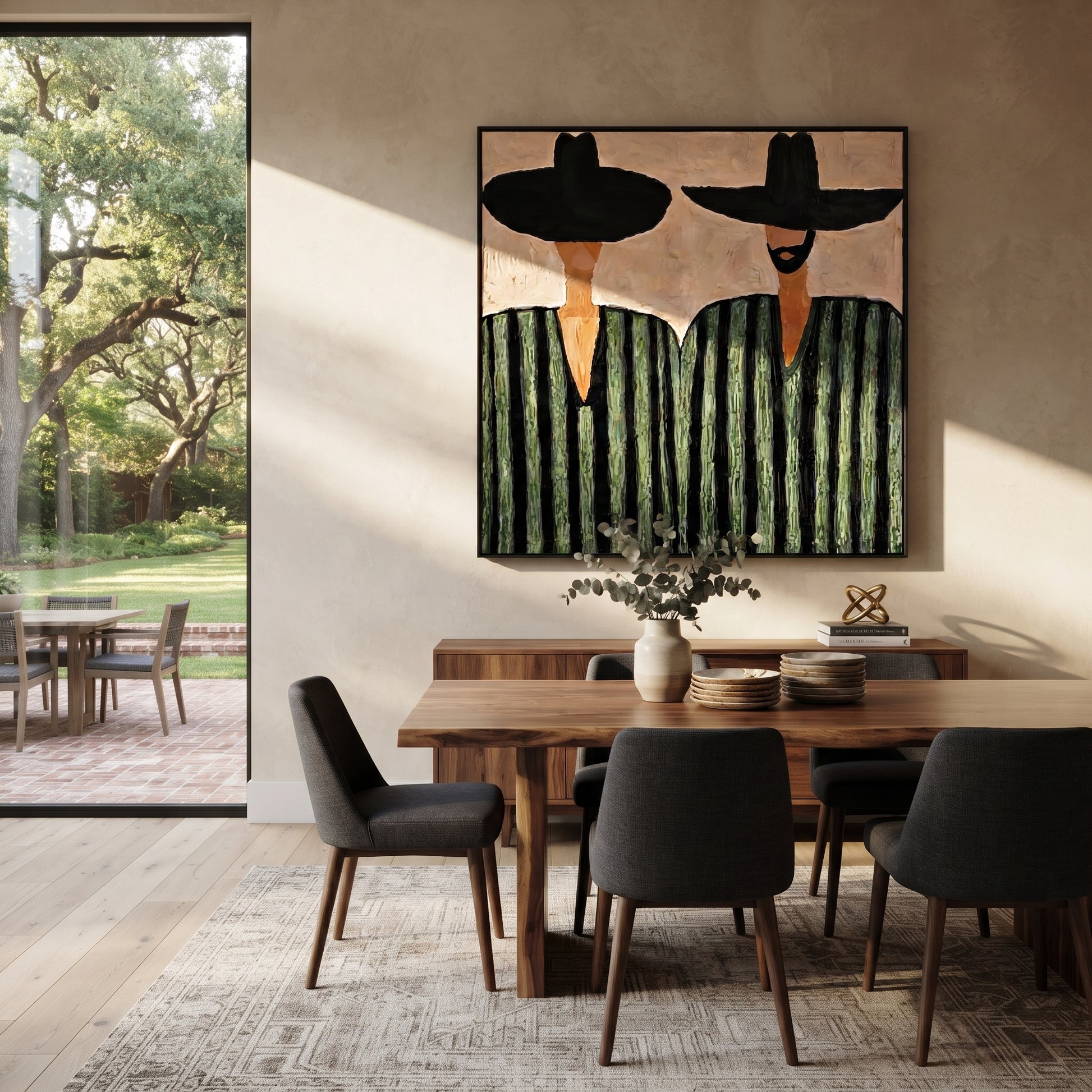 Green Stripes Hold Ground - green striped figure pair painting by Elliot Vale, modern figurative square wall art – styled room scene view 4