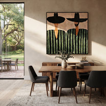 Green Stripes Hold Ground - green striped figure pair painting by Elliot Vale, modern figurative square wall art – styled room scene view 4