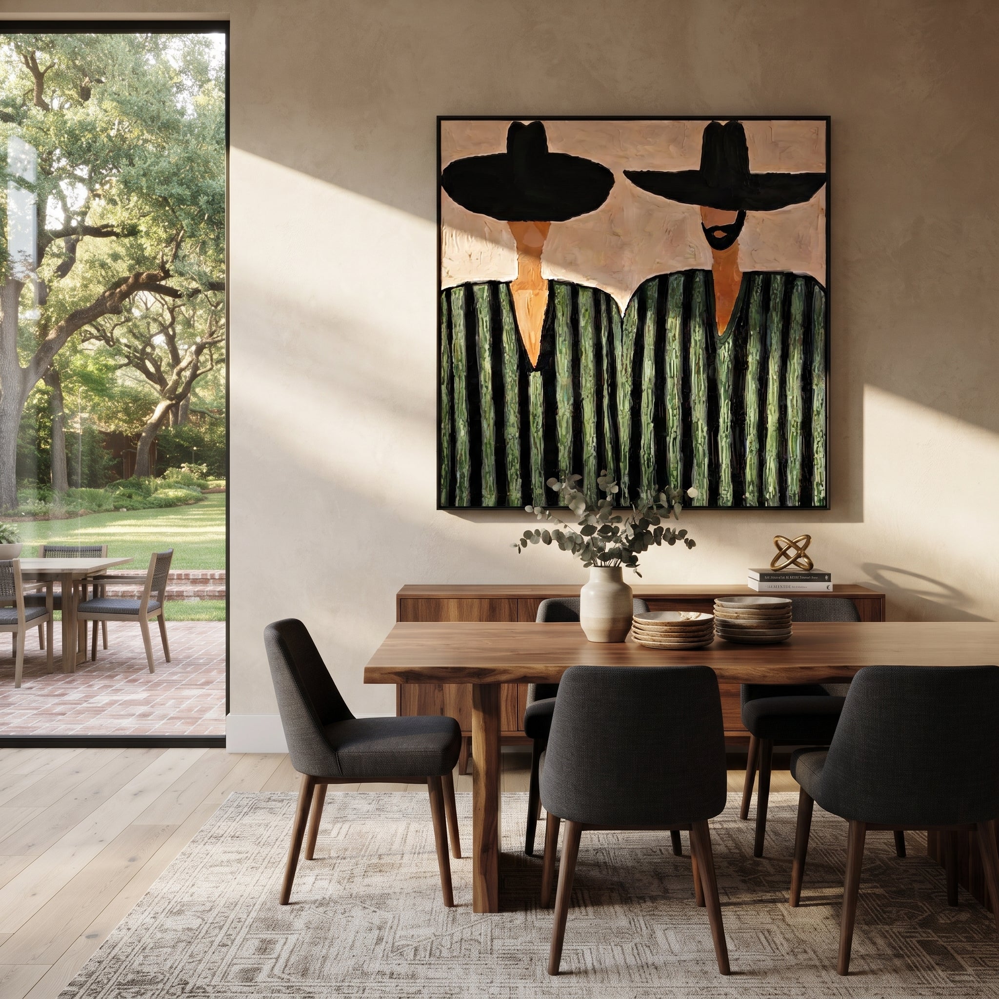 Green Stripes Hold Ground - green striped figure pair painting by Elliot Vale, modern figurative square wall art – styled room scene view 4