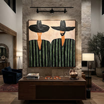 Green Stripes Hold Ground - green striped figure pair painting by Elliot Vale, modern figurative square wall art – styled room scene view 5