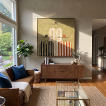 Four Stripes Stack Memory - four striped figures painting by Elliot Vale, modern figurative square wall art – styled room scene view 1