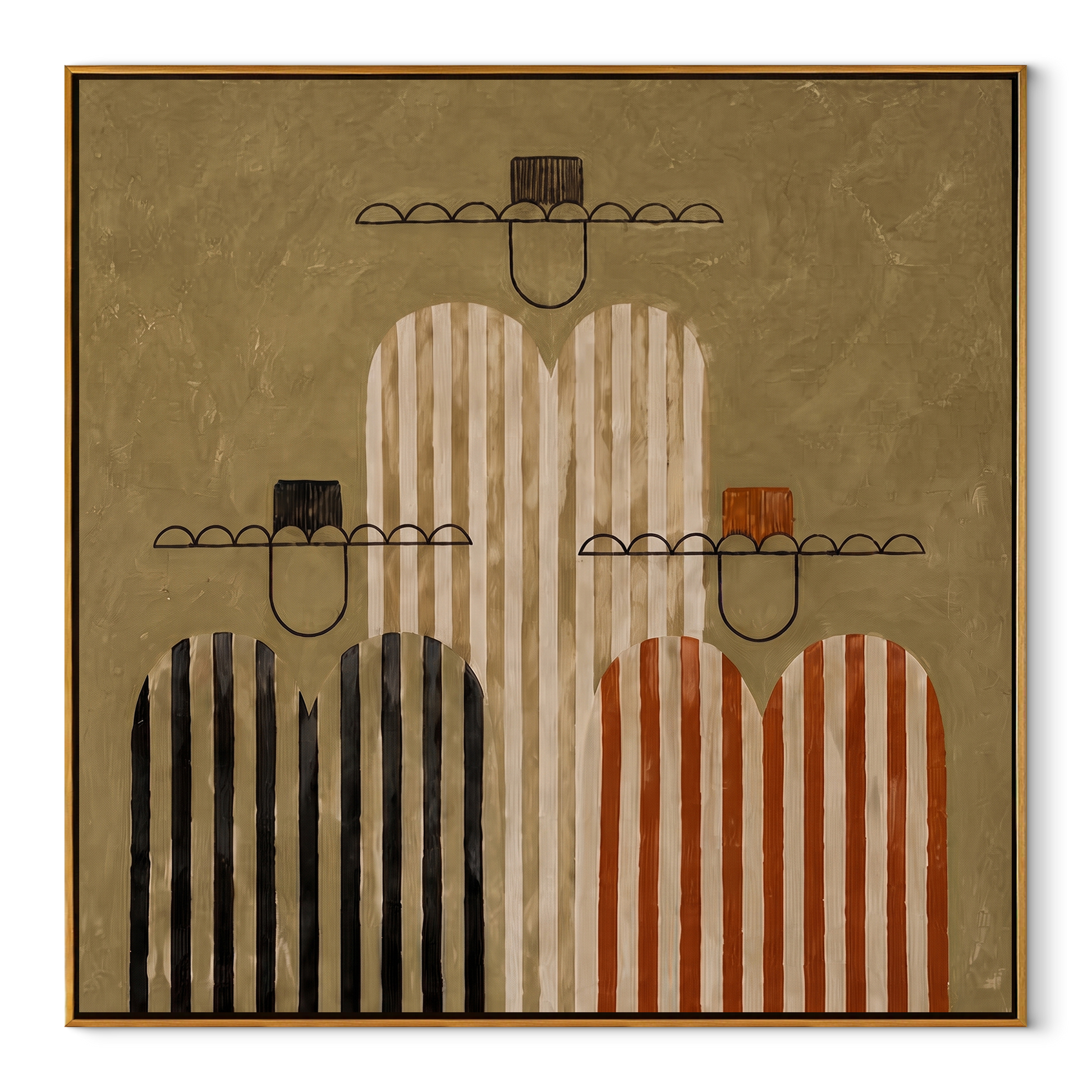 Four Stripes Stack Memory - four striped figures painting by Elliot Vale, modern figurative square wall art – wood frame on white background