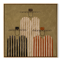 Four Stripes Stack Memory - four striped figures painting by Elliot Vale, modern figurative square wall art – wood frame on white background