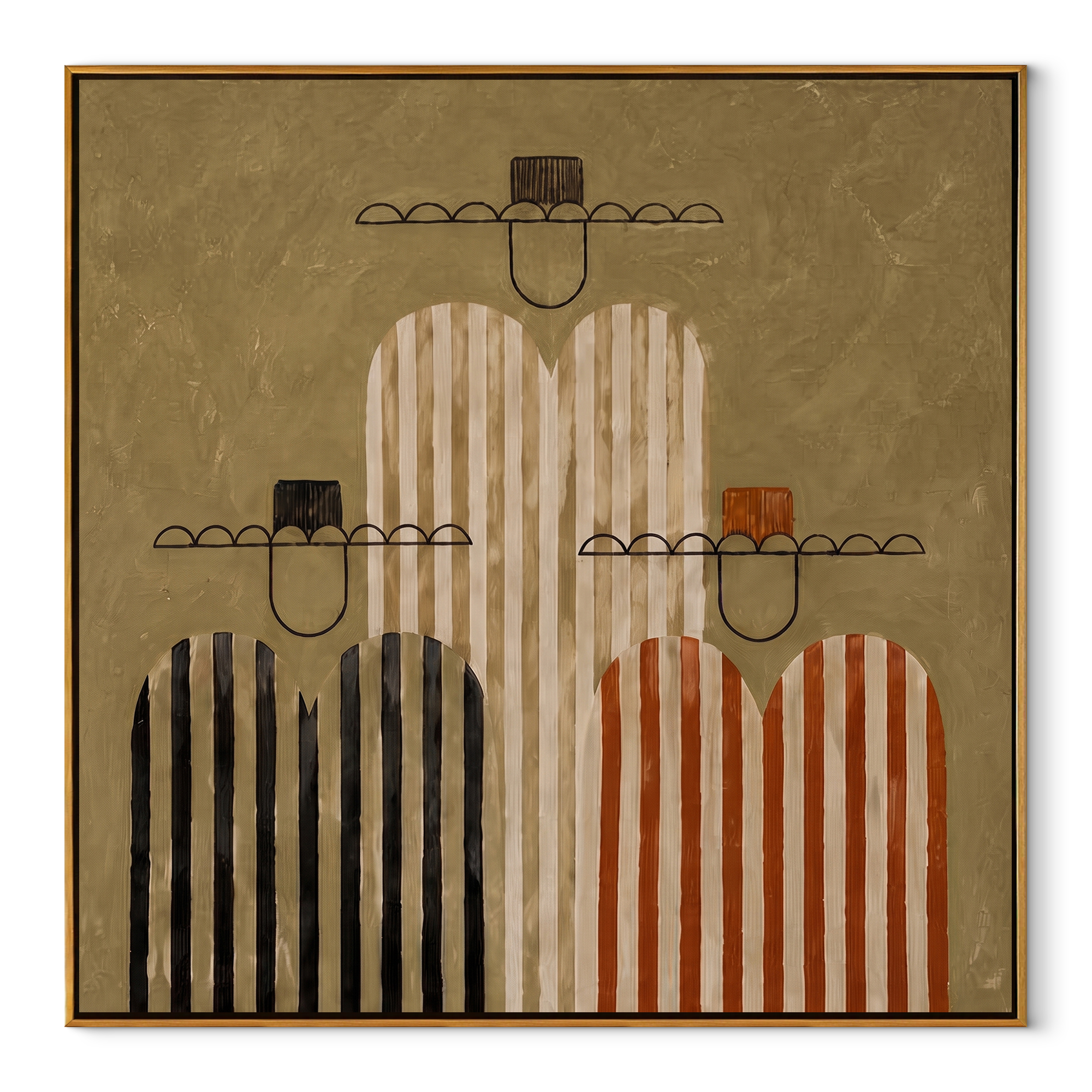 Four Stripes Stack Memory - four striped figures painting by Elliot Vale, modern figurative square wall art – wood frame on white background