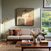 Four Stripes Stack Memory - four striped figures painting by Elliot Vale, modern figurative square wall art – styled room scene view 2