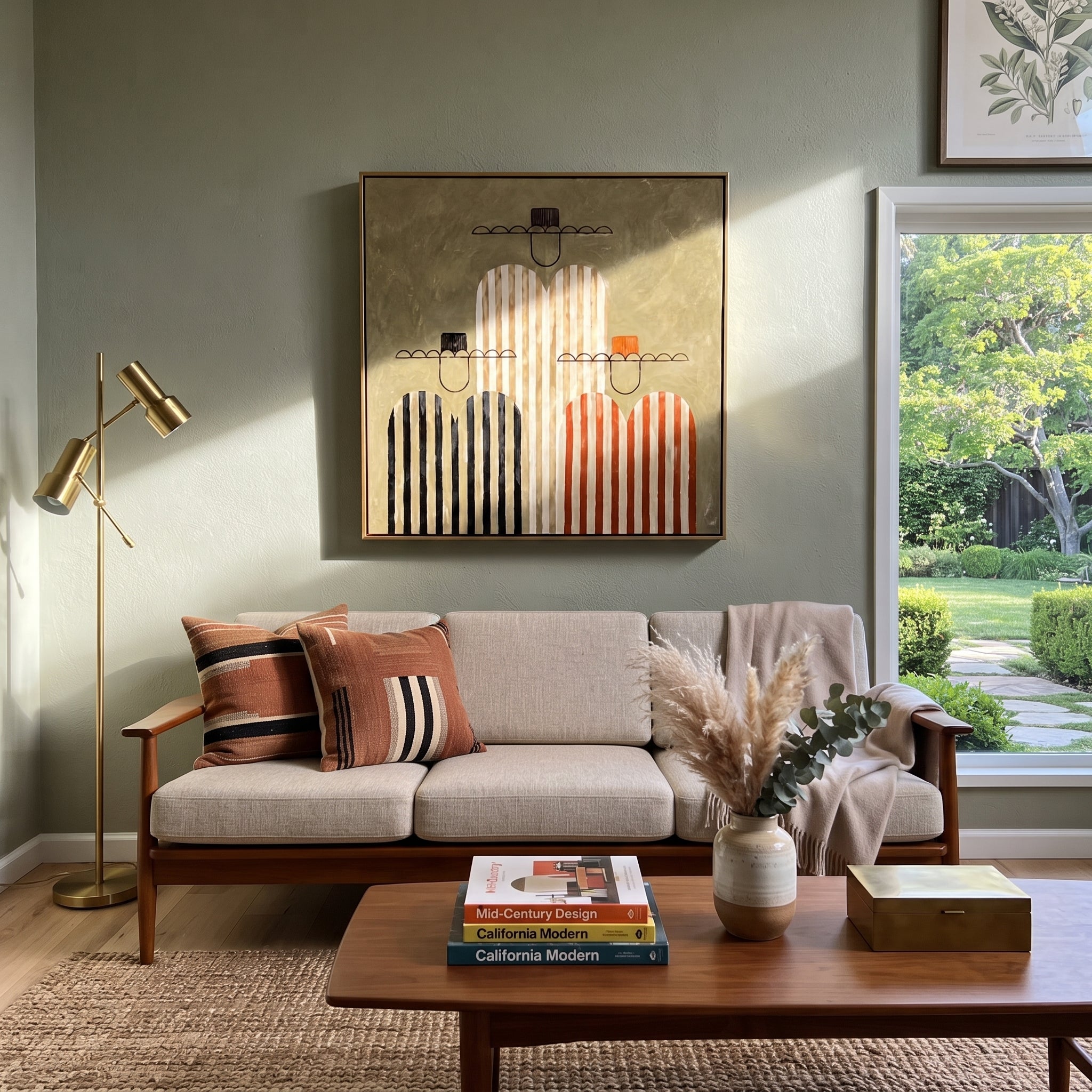 Four Stripes Stack Memory - four striped figures painting by Elliot Vale, modern figurative square wall art – styled room scene view 2