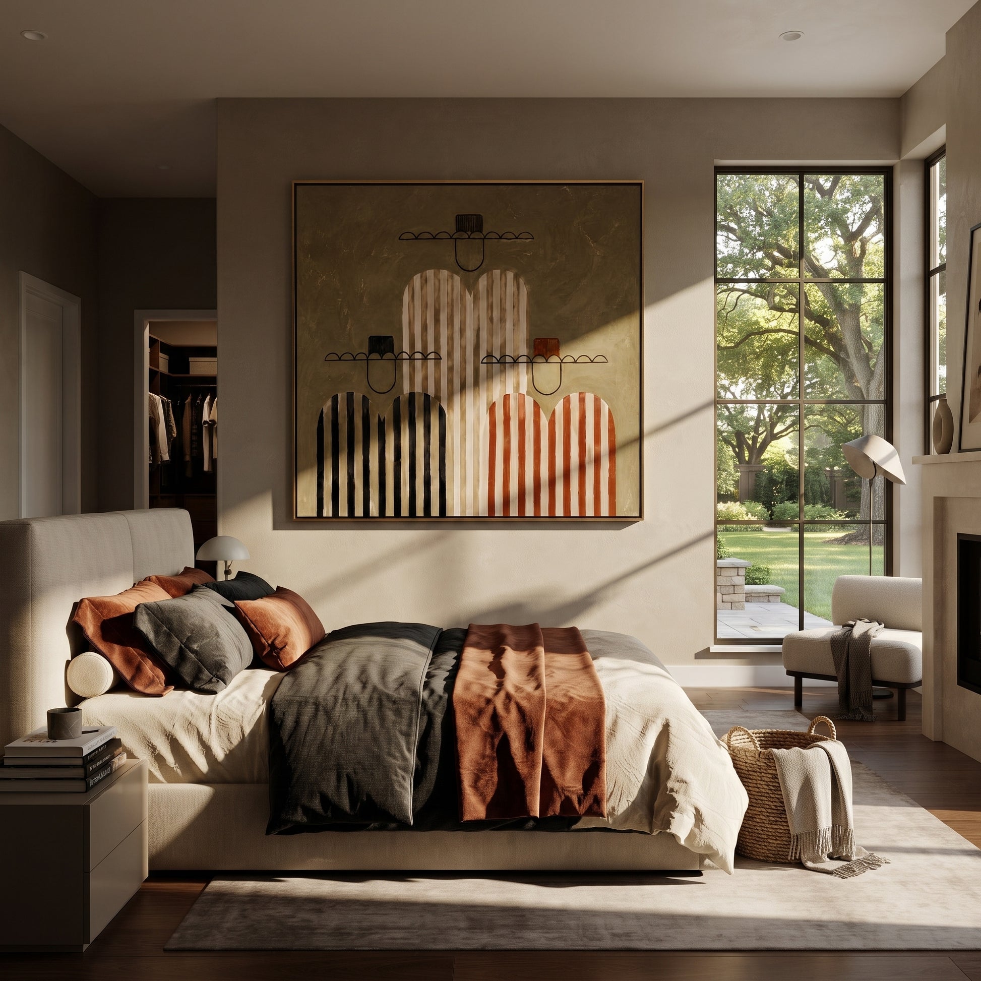 Four Stripes Stack Memory - four striped figures painting by Elliot Vale, modern figurative square wall art – styled room scene view 3