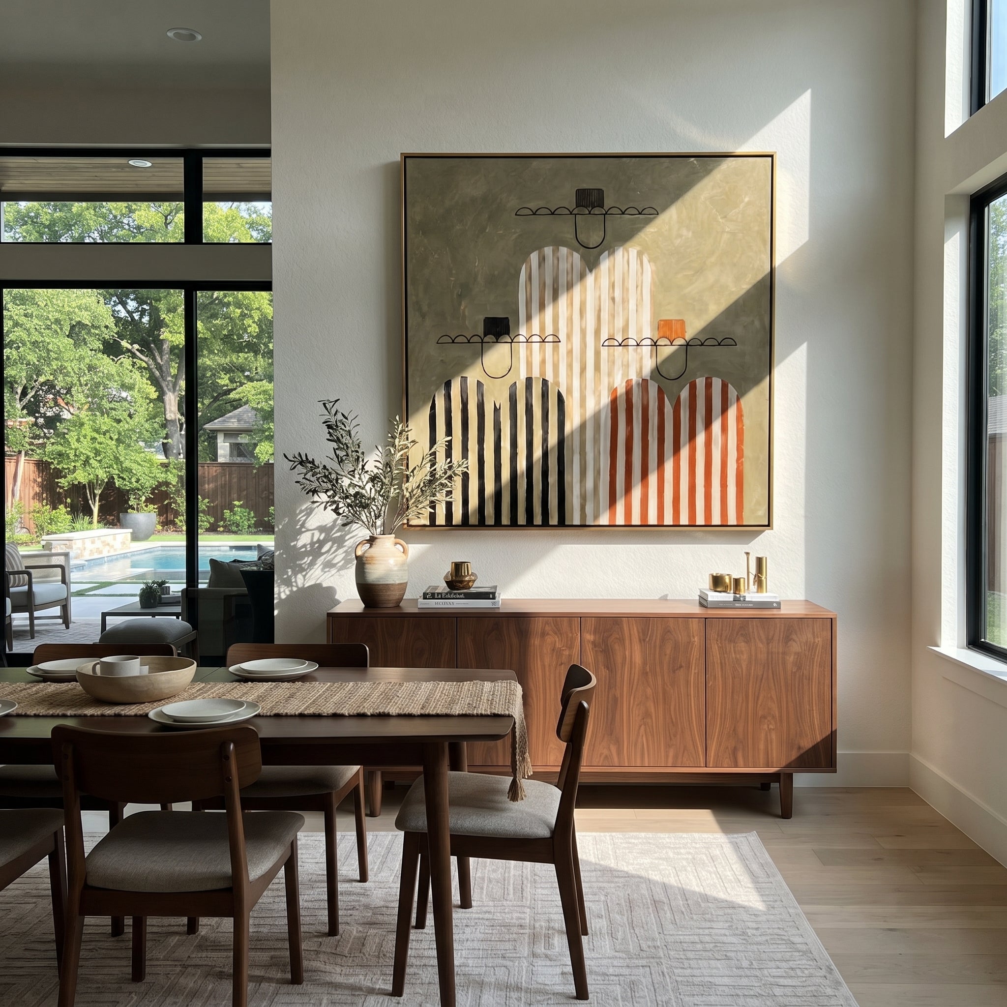 Four Stripes Stack Memory - four striped figures painting by Elliot Vale, modern figurative square wall art – styled room scene view 4
