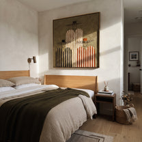 Four Stripes Stack Memory - four striped figures painting by Elliot Vale, modern figurative square wall art – styled room scene view 5