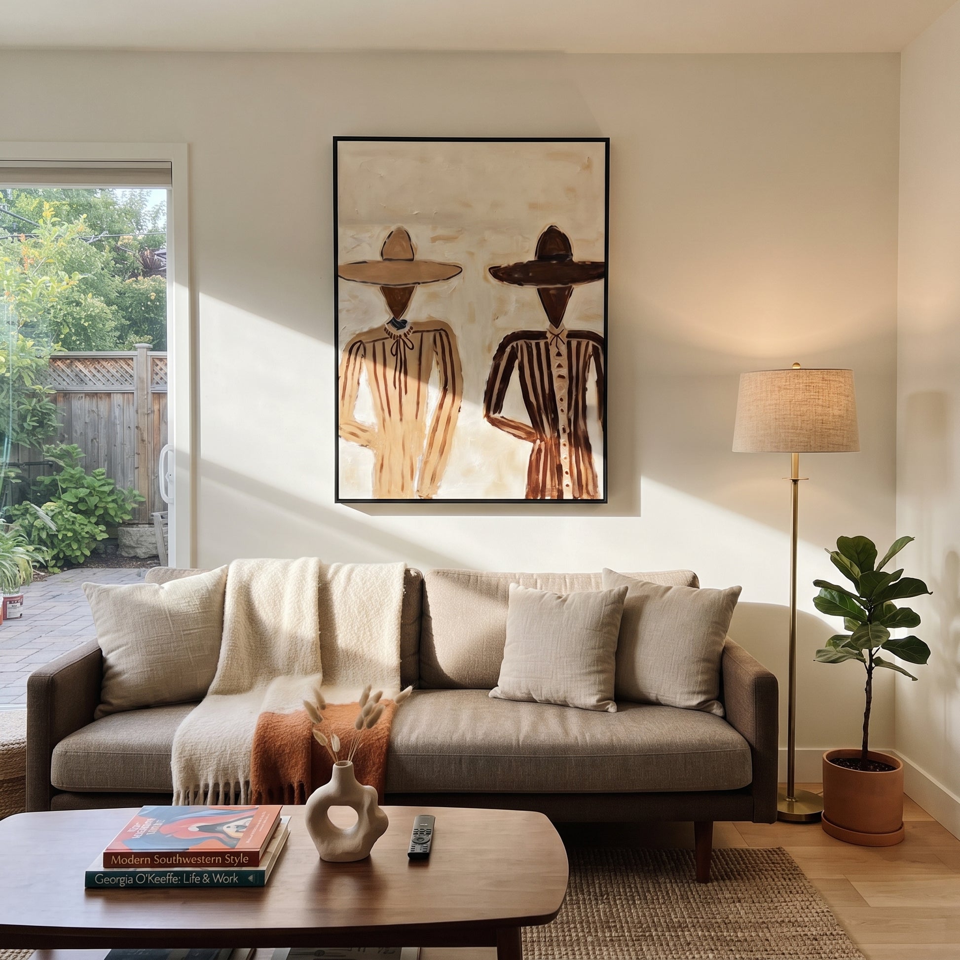 Two Figures Divide Ivory - minimal twin figure painting by Elliot Vale, modern figurative vertical wall art – styled room scene view 2