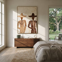 Two Figures Divide Ivory - minimal twin figure painting by Elliot Vale, modern figurative vertical wall art – styled room scene view 3