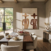 Two Figures Divide Ivory - minimal twin figure painting by Elliot Vale, modern figurative vertical wall art – styled room scene view 4