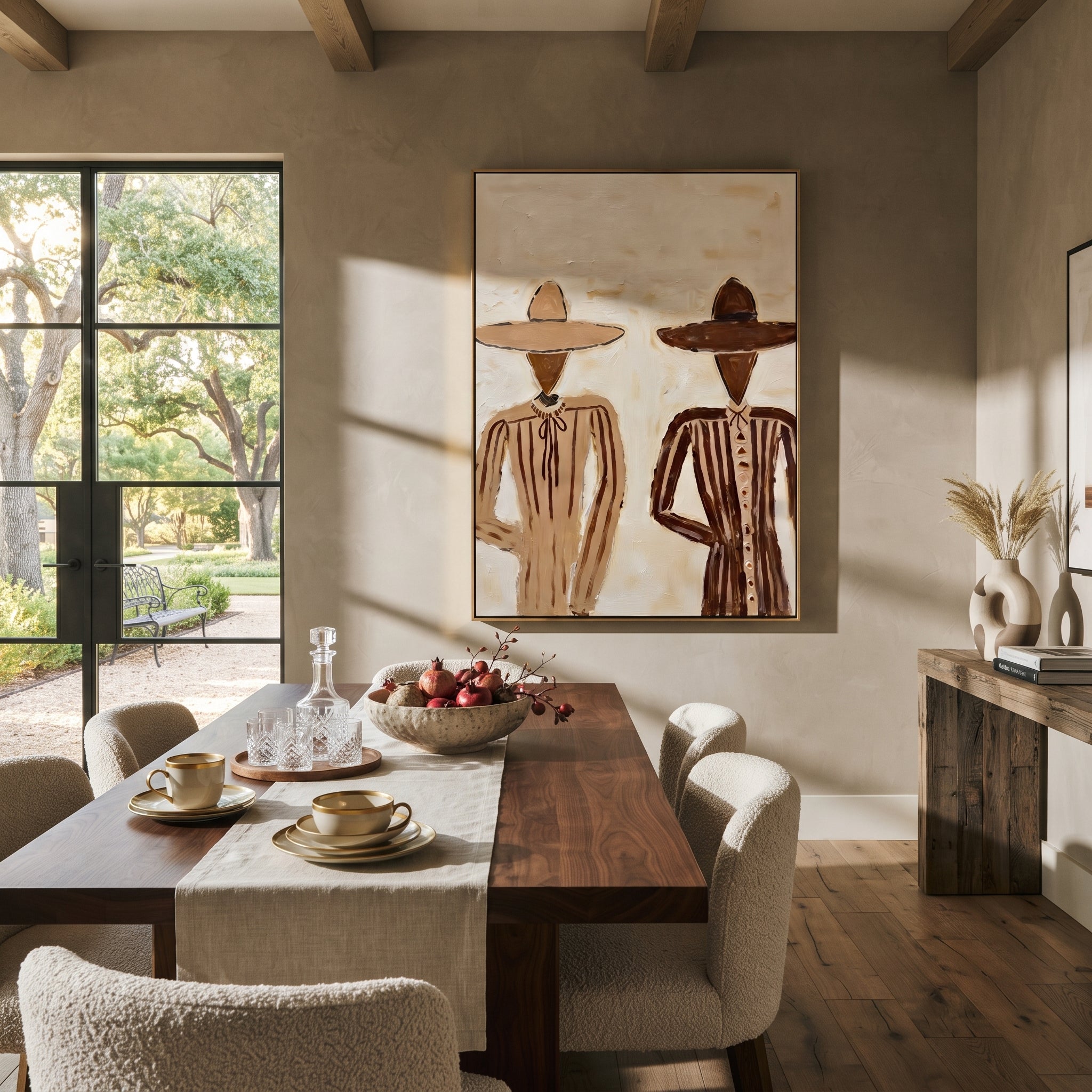Two Figures Divide Ivory - minimal twin figure painting by Elliot Vale, modern figurative vertical wall art – styled room scene view 4