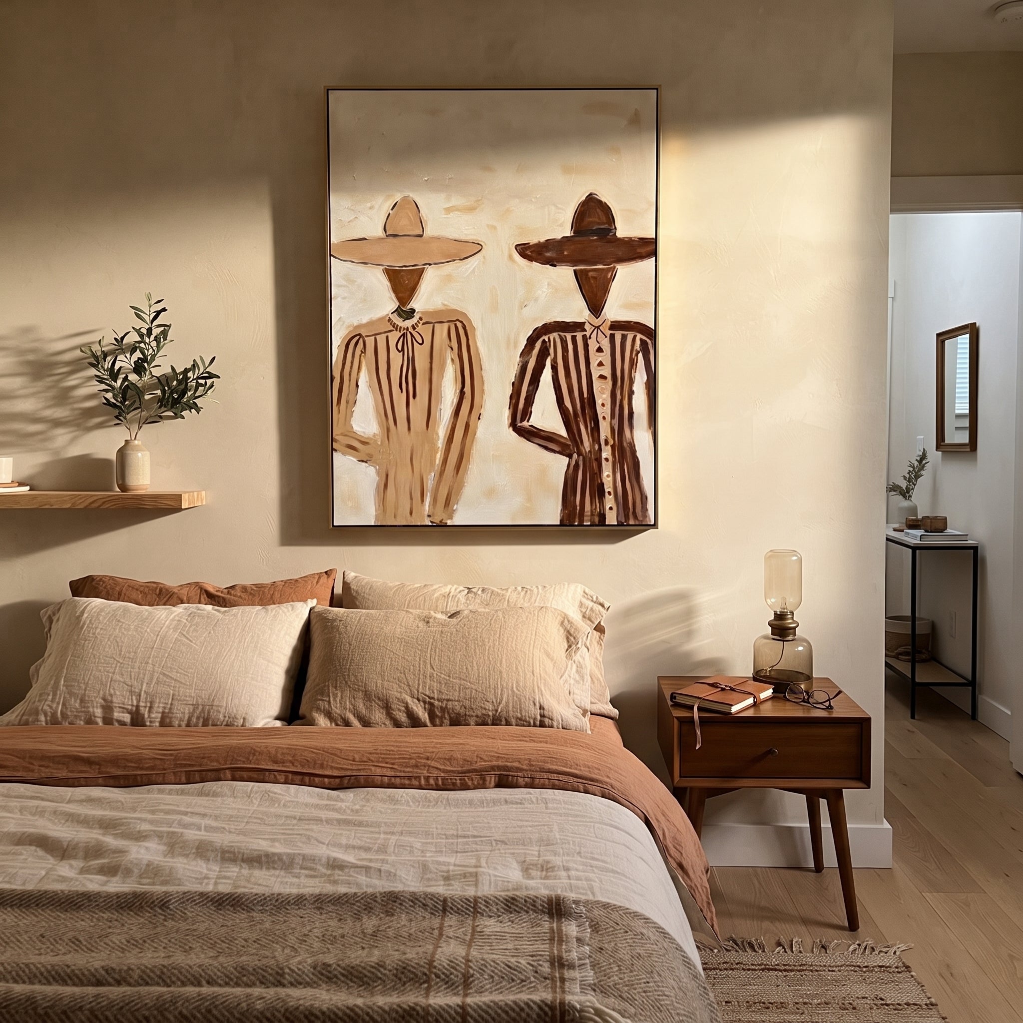 Two Figures Divide Ivory - minimal twin figure painting by Elliot Vale, modern figurative vertical wall art – styled room scene view 5
