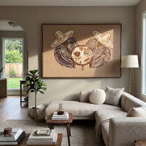 Coffee Books Circle Quiet - coffee book table painting by Elliot Vale, modern figurative horizontal wall art – styled room scene view 1