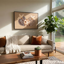 Coffee Books Circle Quiet - coffee book table painting by Elliot Vale, modern figurative horizontal wall art – styled room scene view 2