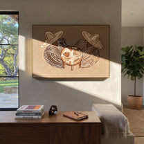 Coffee Books Circle Quiet - coffee book table painting by Elliot Vale, modern figurative horizontal wall art – styled room scene view 3
