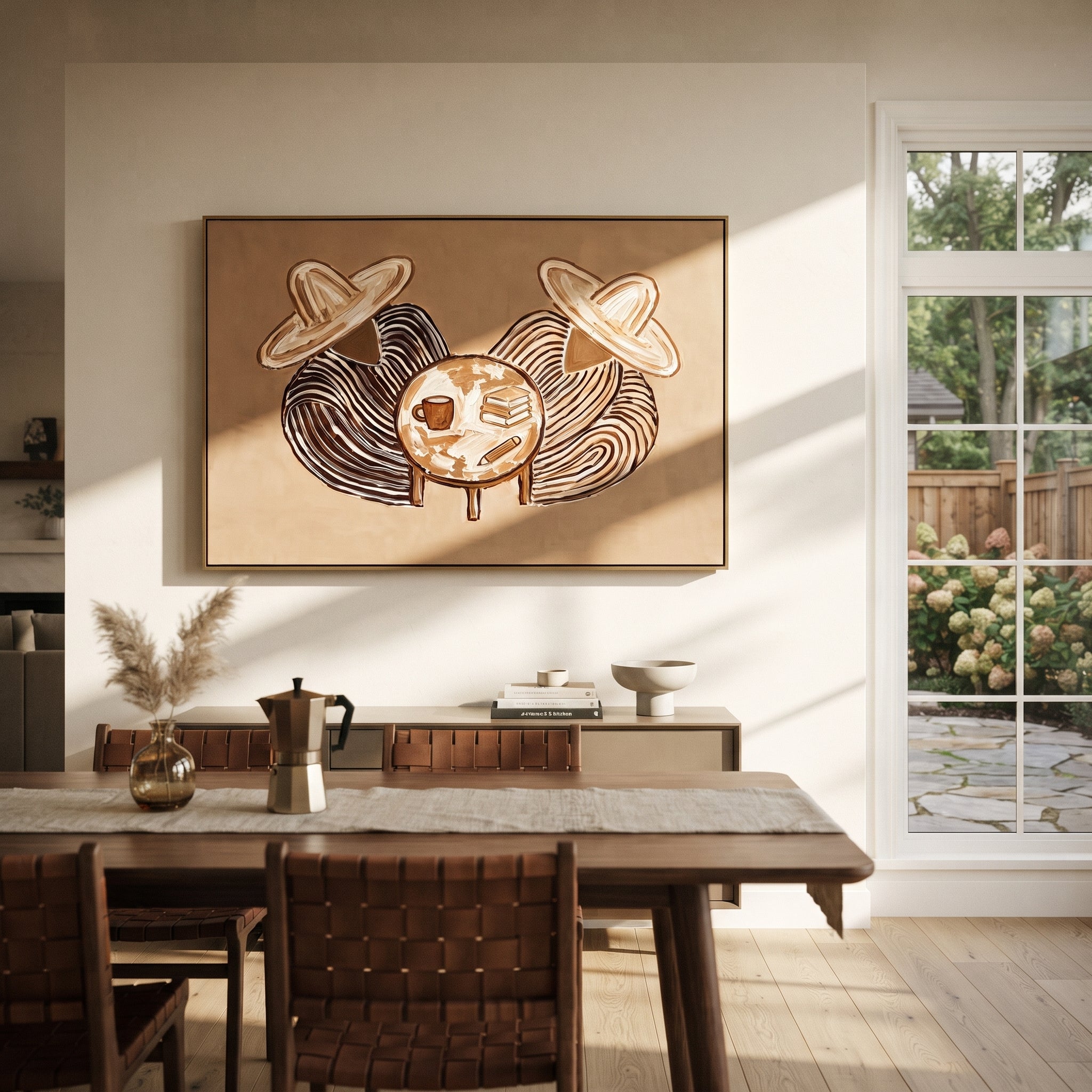 Coffee Books Circle Quiet - coffee book table painting by Elliot Vale, modern figurative horizontal wall art – styled room scene view 4