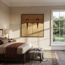 Geometry Keeps Twin Counsel - geometric twin figure painting by Elliot Vale, modern figurative square wall art – styled room scene view 1