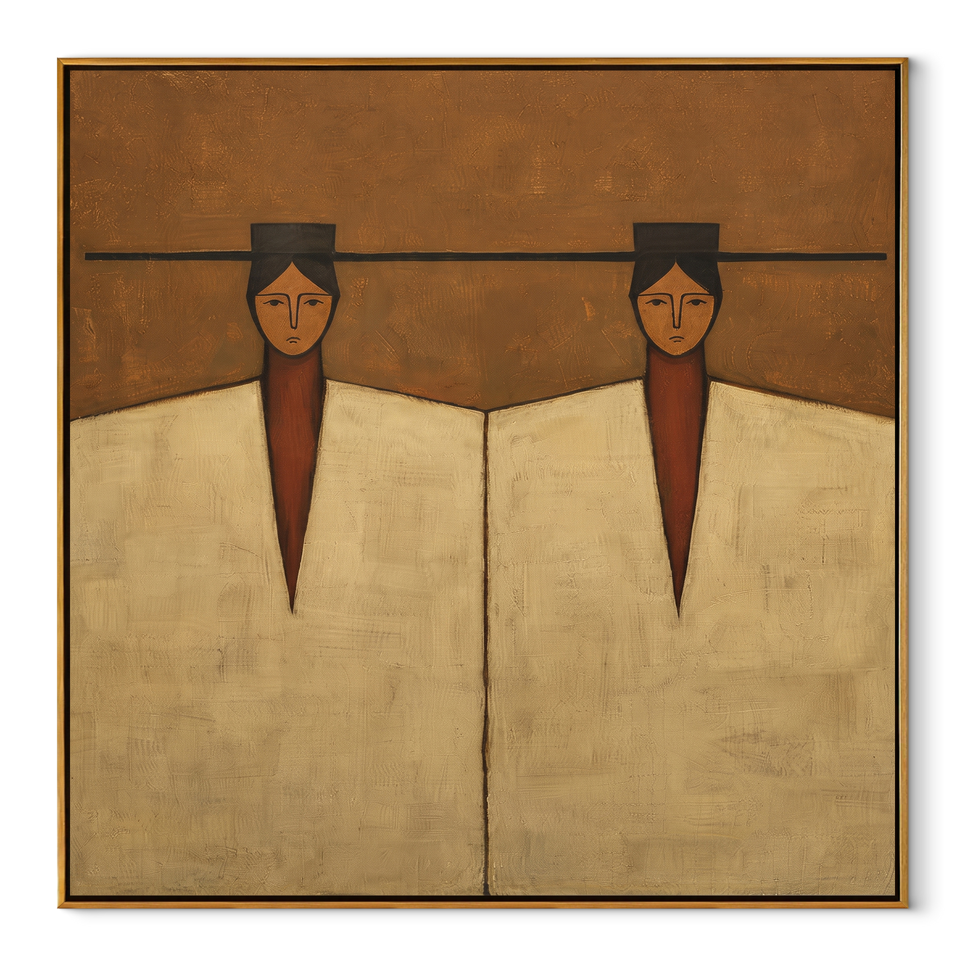 Geometry Keeps Twin Counsel - geometric twin figure painting by Elliot Vale, modern figurative square wall art – wood frame on white background