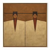 Geometry Keeps Twin Counsel - geometric twin figure painting by Elliot Vale, modern figurative square wall art – wood frame on white background