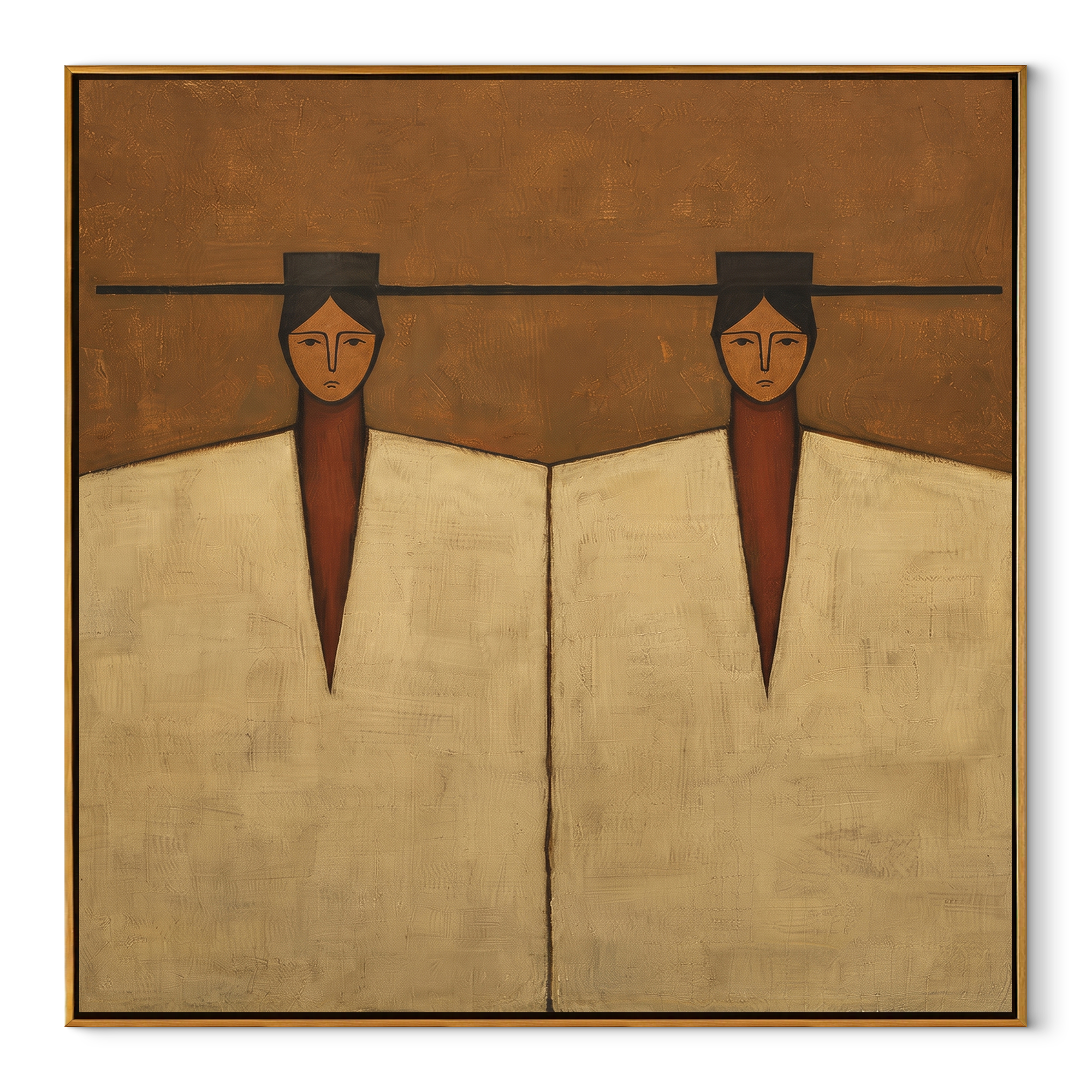 Geometry Keeps Twin Counsel - geometric twin figure painting by Elliot Vale, modern figurative square wall art – wood frame on white background