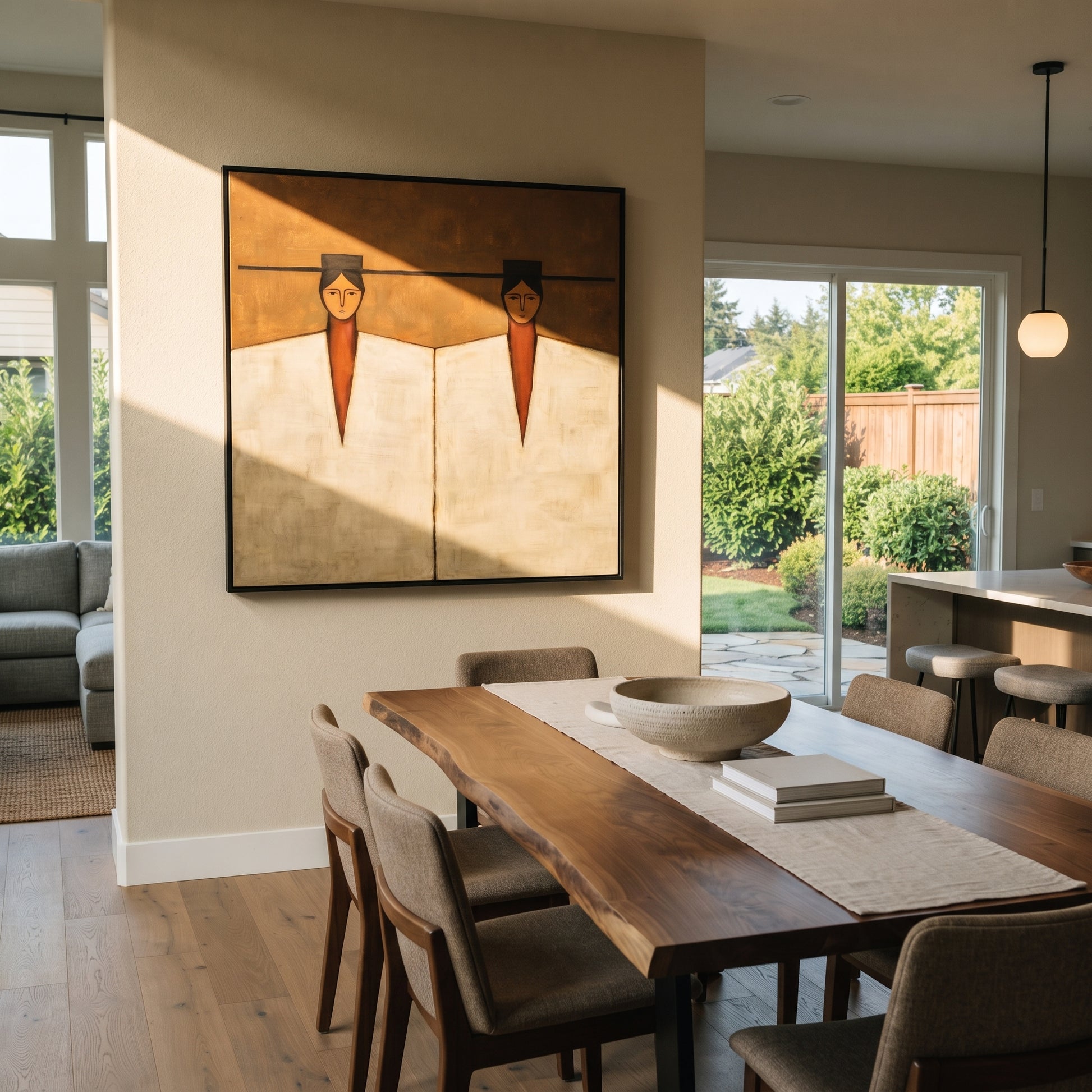 Geometry Keeps Twin Counsel - geometric twin figure painting by Elliot Vale, modern figurative square wall art – styled room scene view 2