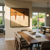 Geometry Keeps Twin Counsel - geometric twin figure painting by Elliot Vale, modern figurative square wall art – styled room scene view 2