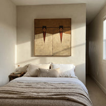 Geometry Keeps Twin Counsel - geometric twin figure painting by Elliot Vale, modern figurative square wall art – styled room scene view 3
