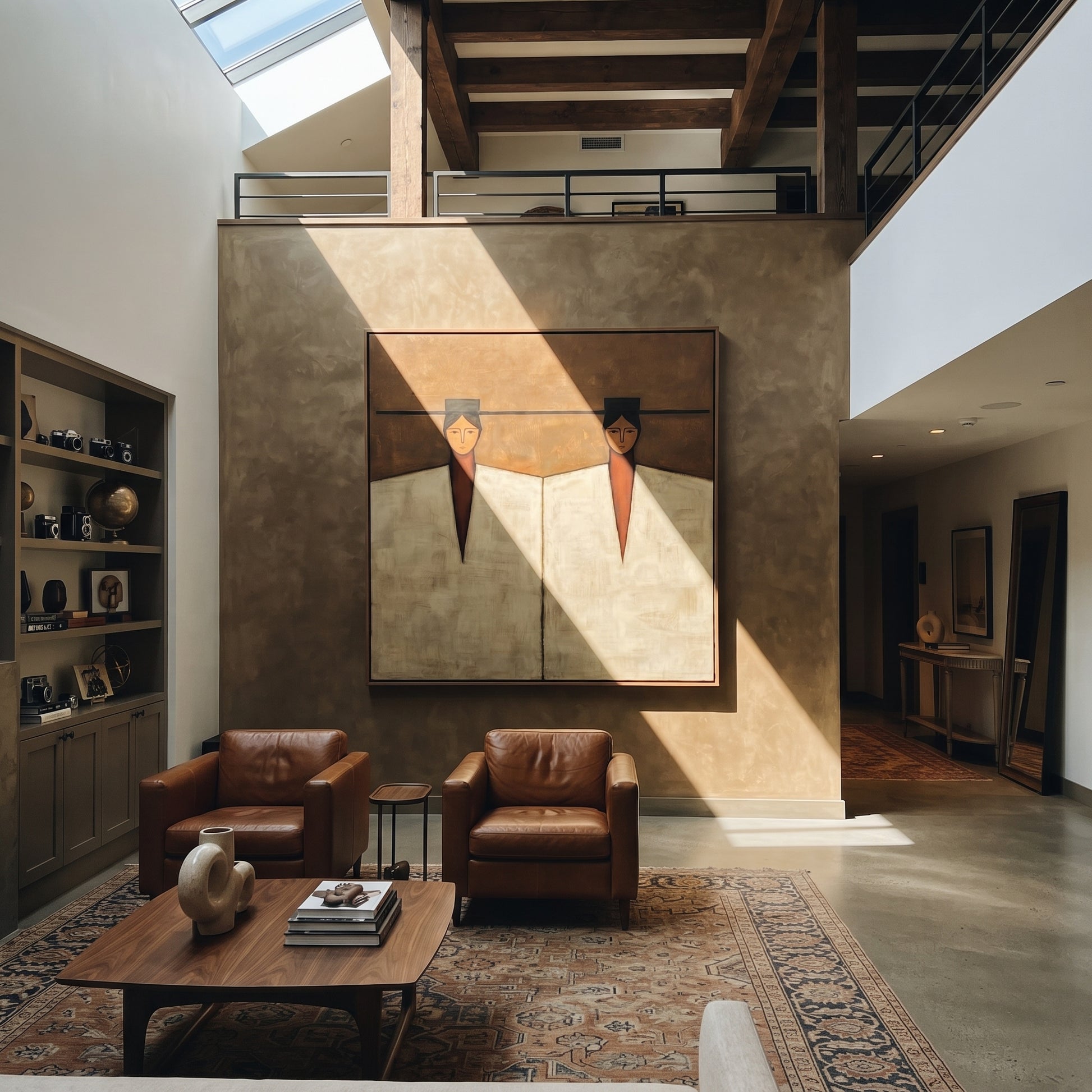 Geometry Keeps Twin Counsel - geometric twin figure painting by Elliot Vale, modern figurative square wall art – styled room scene view 4
