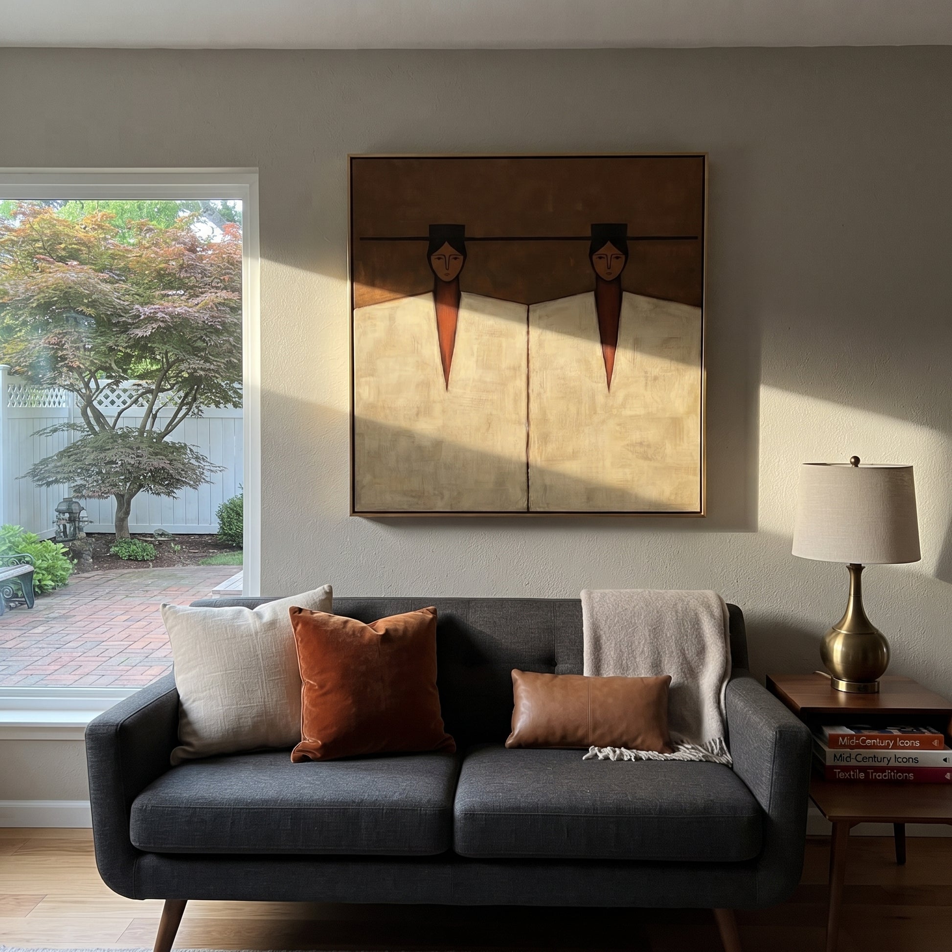 Geometry Keeps Twin Counsel - geometric twin figure painting by Elliot Vale, modern figurative square wall art – styled room scene view 5