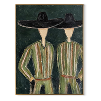 Black Hats Shelter Green - green robe figure pair painting by Elliot Vale, modern figurative vertical wall art – wood frame on white background