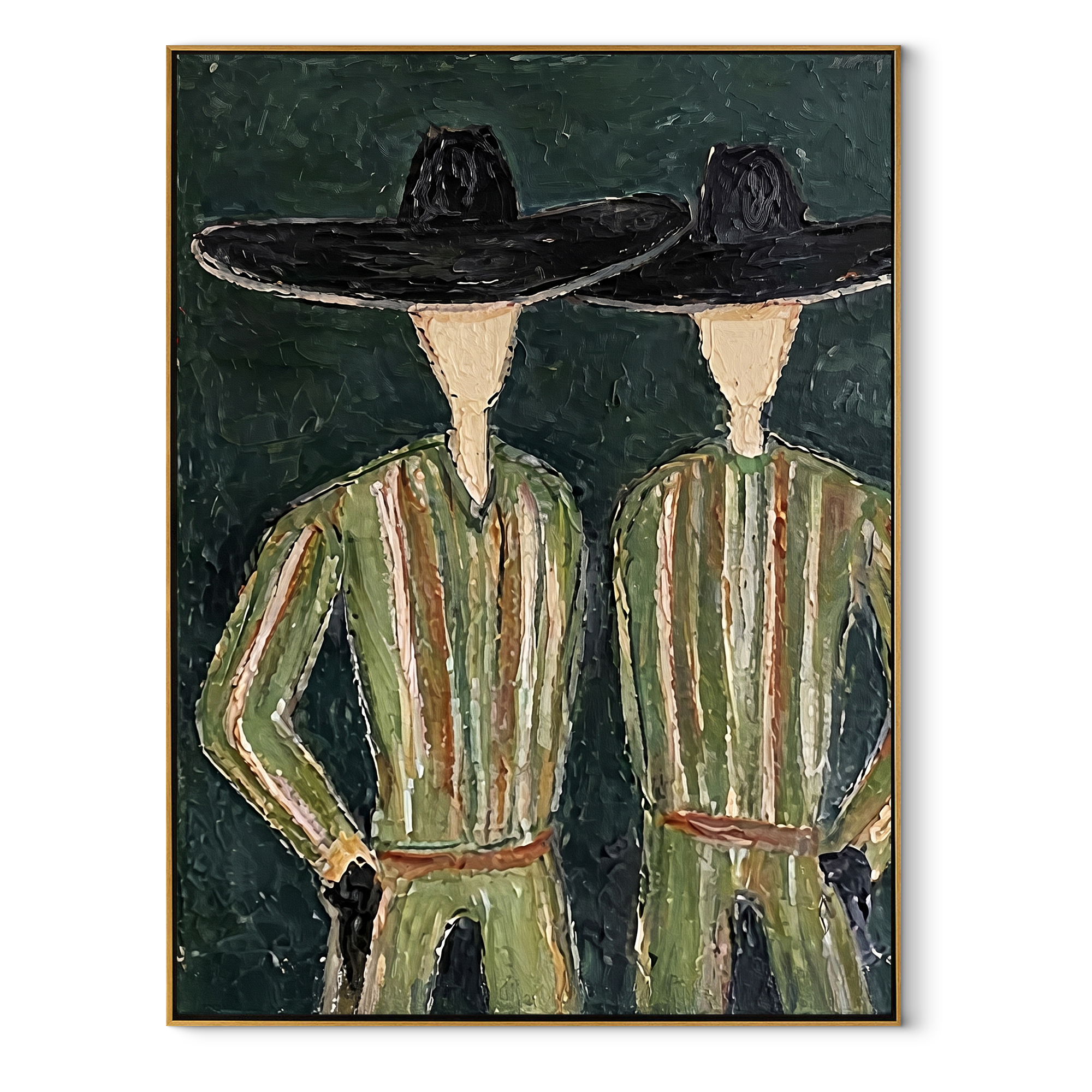 Black Hats Shelter Green - green robe figure pair painting by Elliot Vale, modern figurative vertical wall art – wood frame on white background