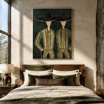 Black Hats Shelter Green - green robe figure pair painting by Elliot Vale, modern figurative vertical wall art – styled room scene view 3