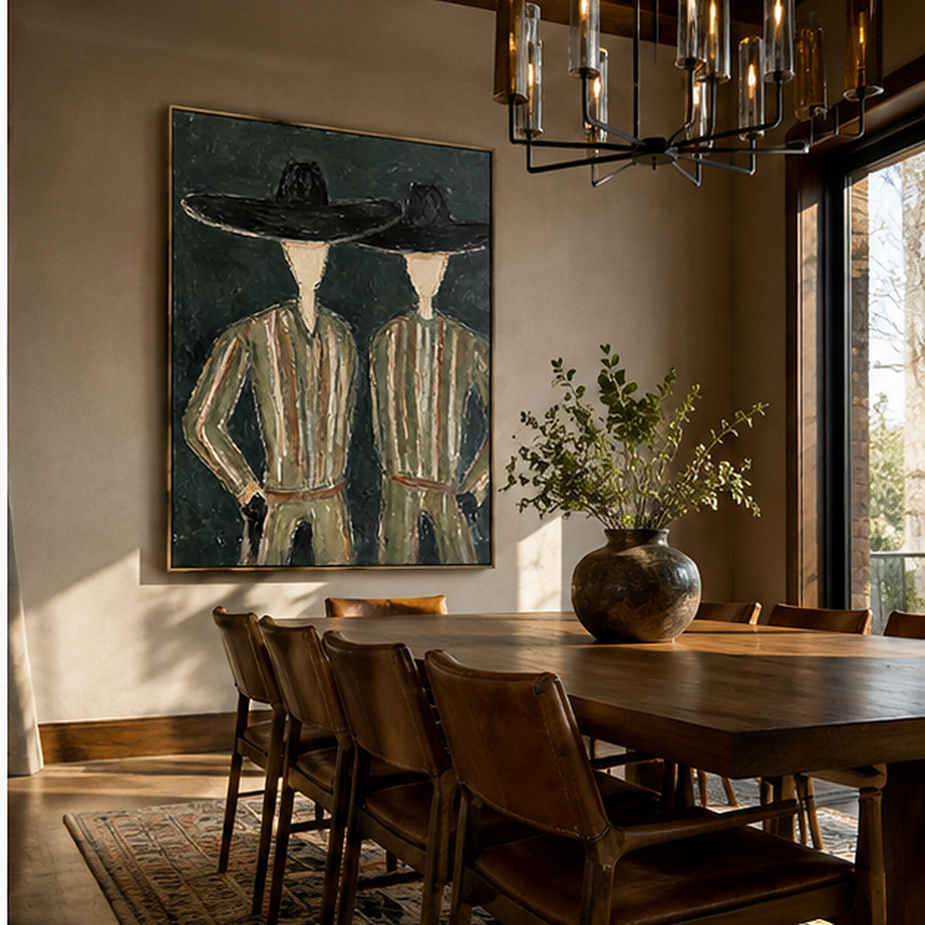 Black Hats Shelter Green - green robe figure pair painting by Elliot Vale, modern figurative vertical wall art – styled room scene view 4