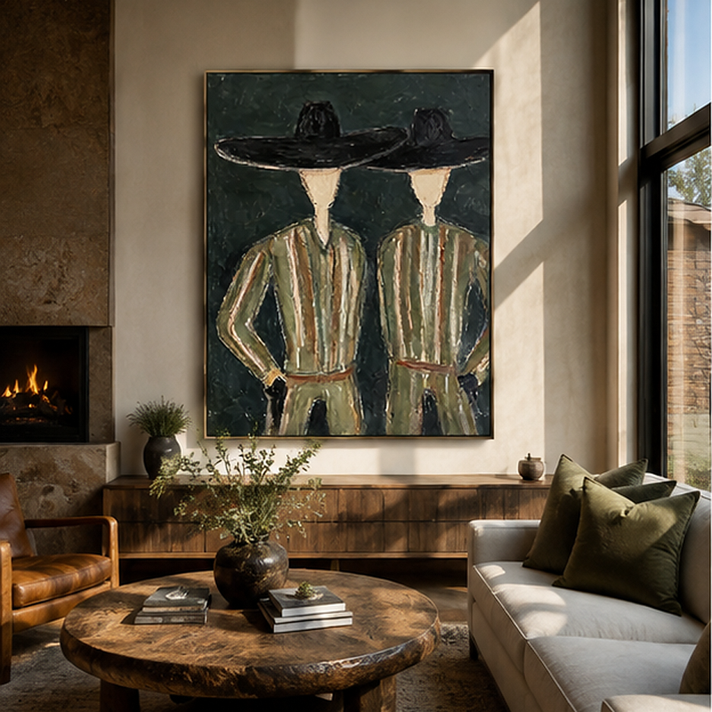 Black Hats Shelter Green - green robe figure pair painting by Elliot Vale, modern figurative vertical wall art – styled room scene view 5