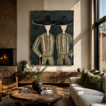 Black Hats Shelter Green - green robe figure pair painting by Elliot Vale, modern figurative vertical wall art – styled room scene view 5