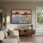 Blue Stripes Share Coffee - striped coffee pair painting by Elliot Vale, modern figurative horizontal wall art – styled room scene view 1